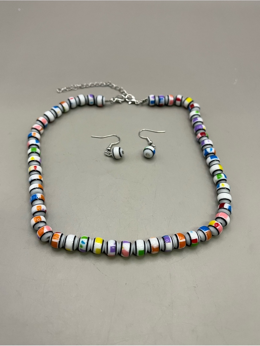 Colorful Geometric Beaded Necklace Earrings Set Rainbow Choker